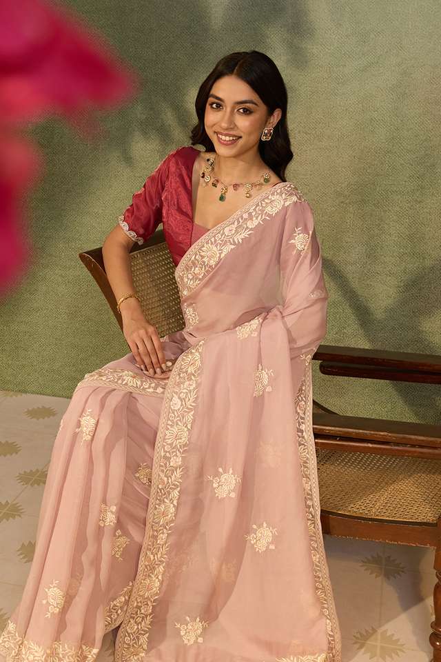 Light Pink Banarasi Viscose Organza Embroidered Saree image number