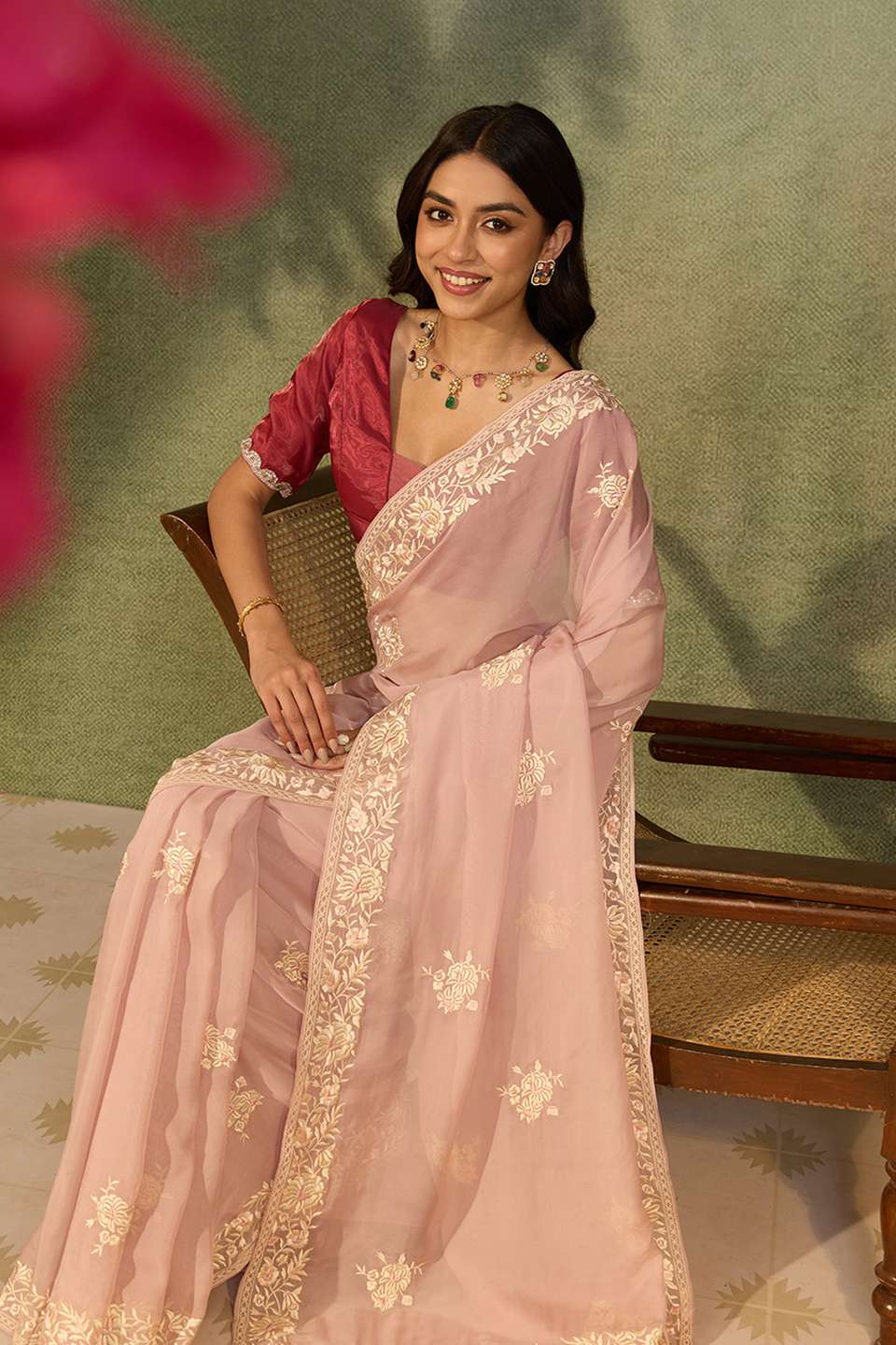 Light Pink Banarasi Viscose Organza Embroidered Saree