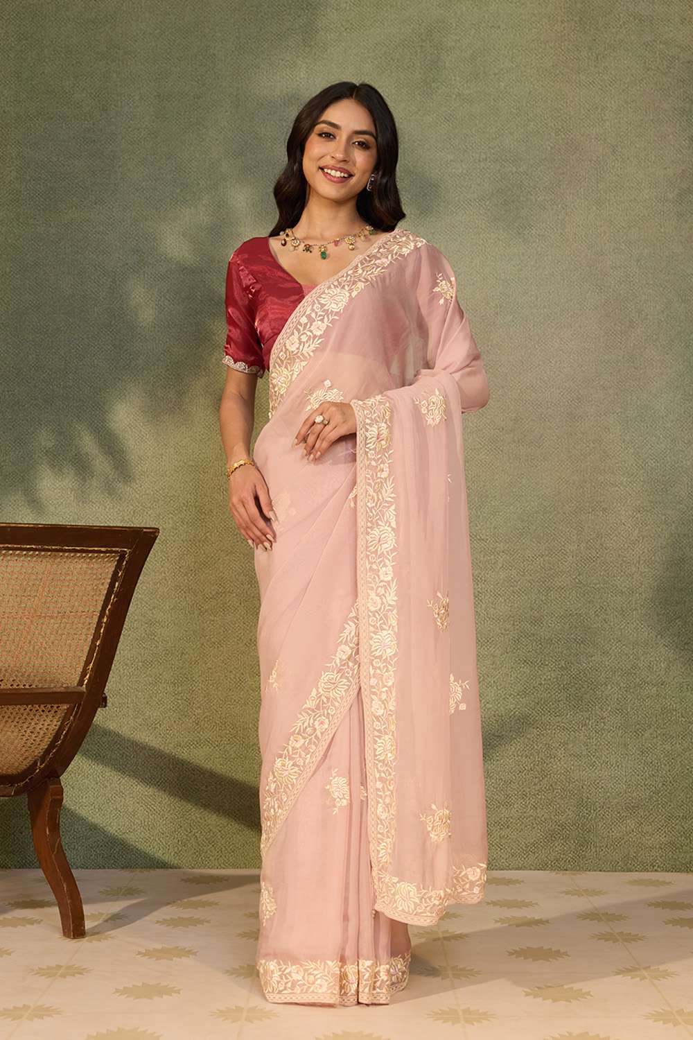 Light Pink Banarasi Viscose Organza Embroidered Saree image number null