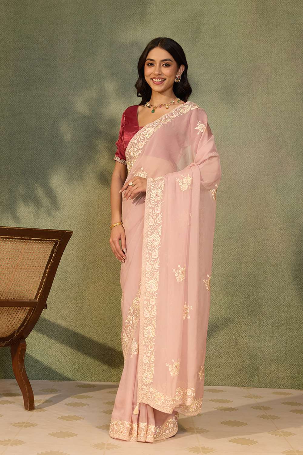 Light Pink Banarasi Viscose Organza Embroidered Saree image number null
