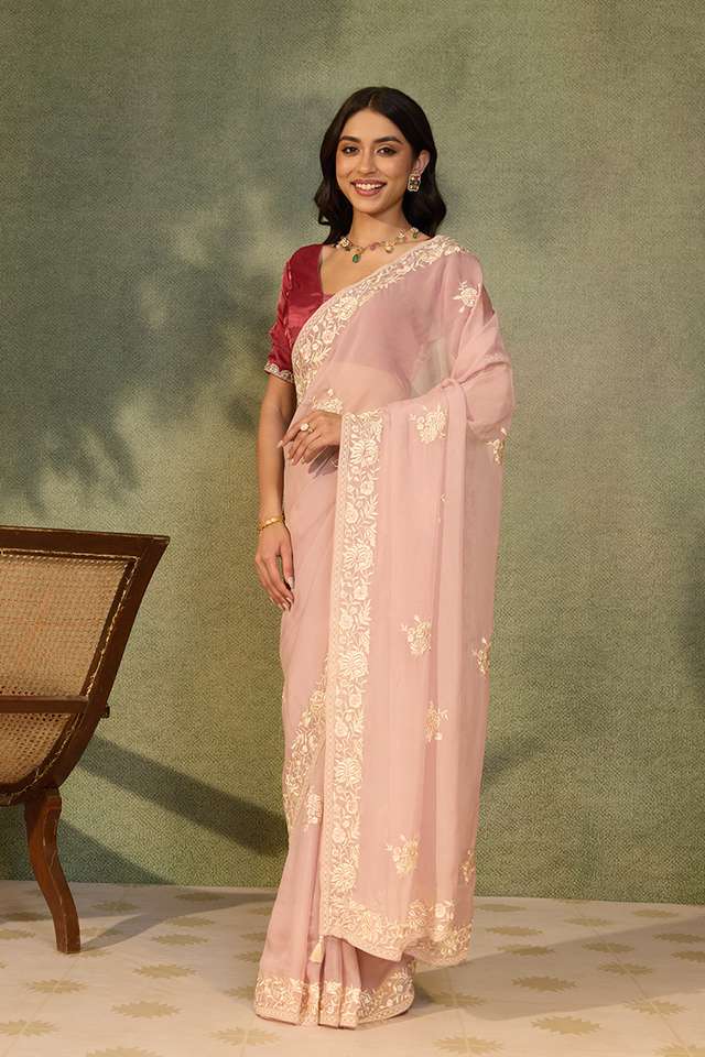 Light Pink Banarasi Viscose Organza Embroidered Saree thumbnail image number null