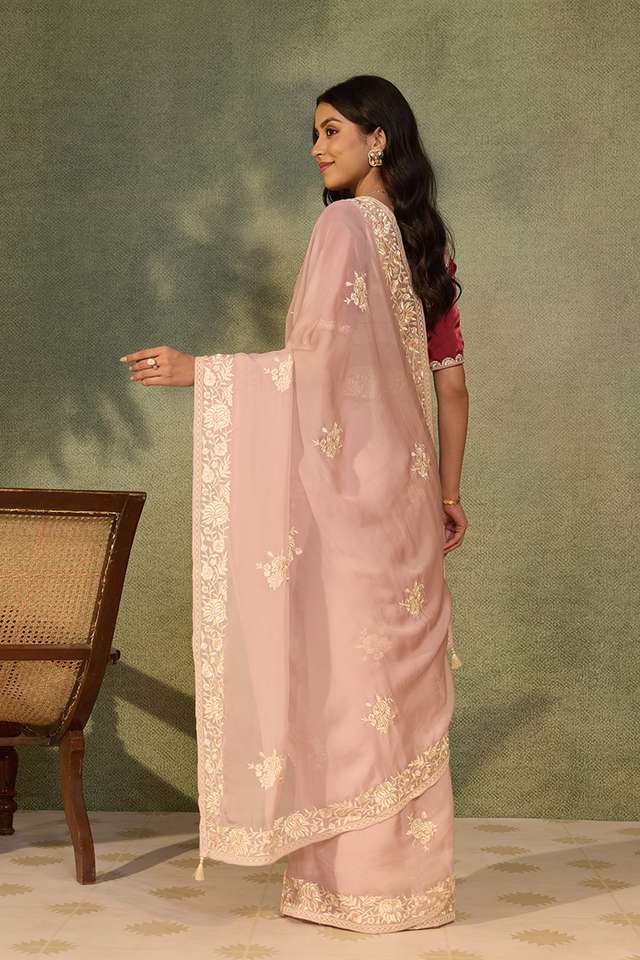 Light Pink Banarasi Viscose Organza Embroidered Saree thumbnail image number null