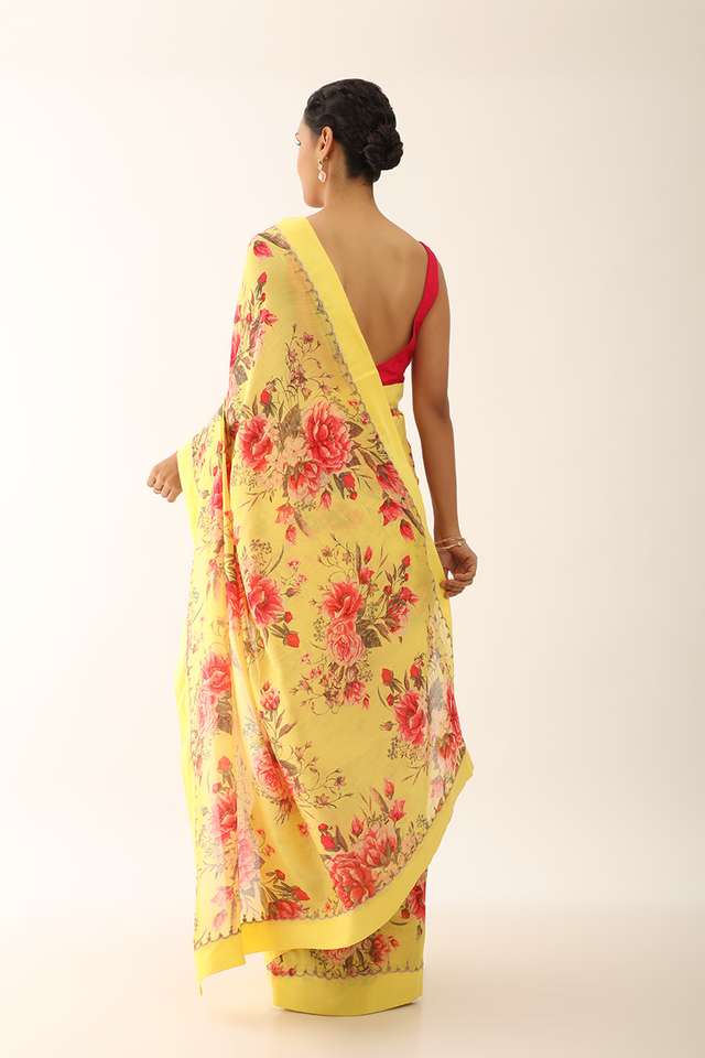 Yellow Pure Silk Cotton Embroidery Saree thumbnail image number null