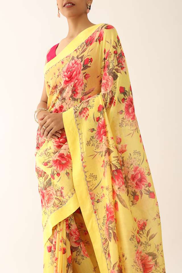 Yellow Pure Silk Cotton Embroidery Saree thumbnail image number null