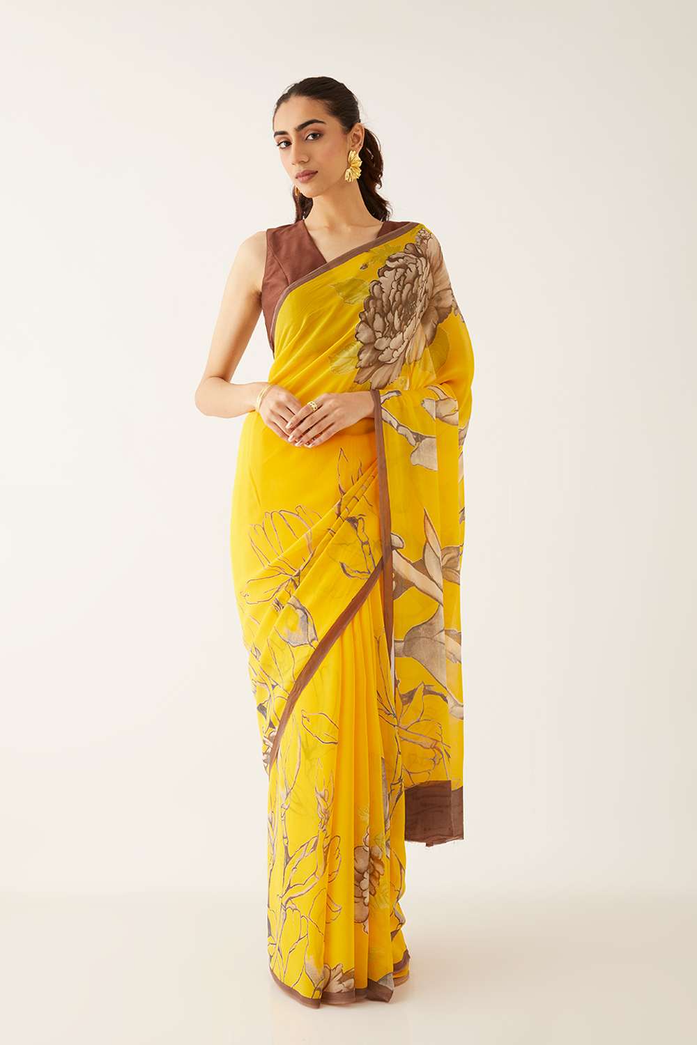 Yellow Viscose Georgette Printed Saree image number null