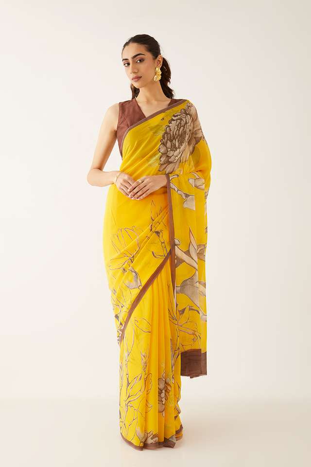 Yellow Viscose Georgette Printed Saree image number