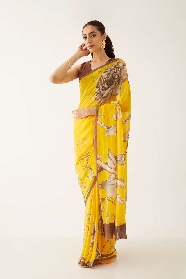 Yellow Viscose Georgette Printed Saree thumbnail image number null