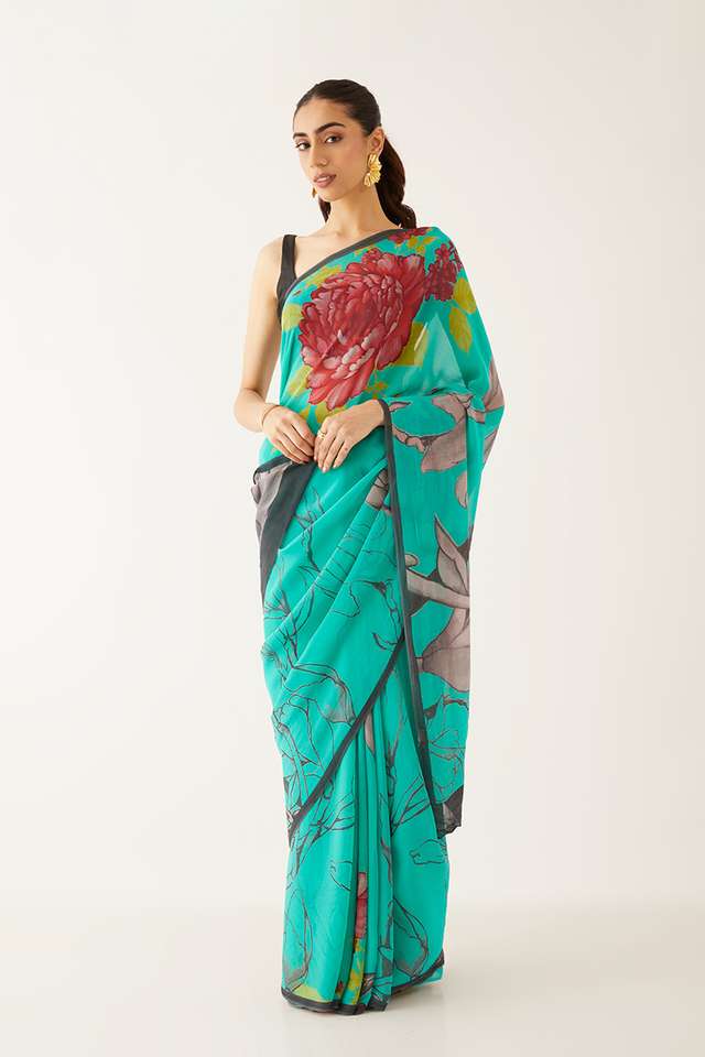Blue Viscose Georgette Printed Saree image number