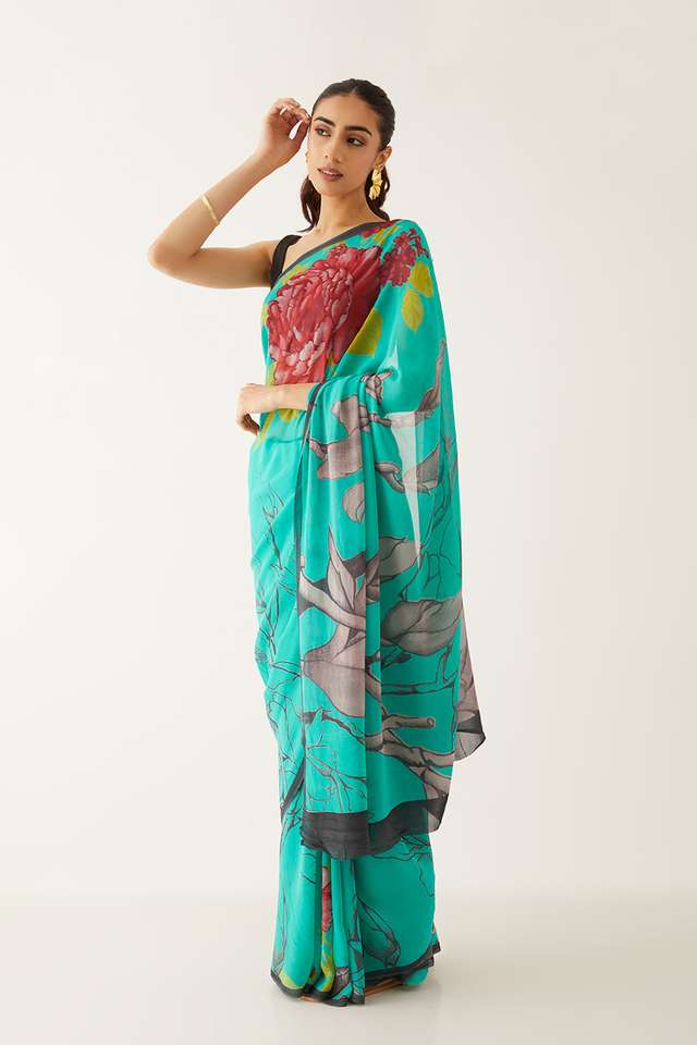 Blue Viscose Georgette Printed Saree thumbnail image number null