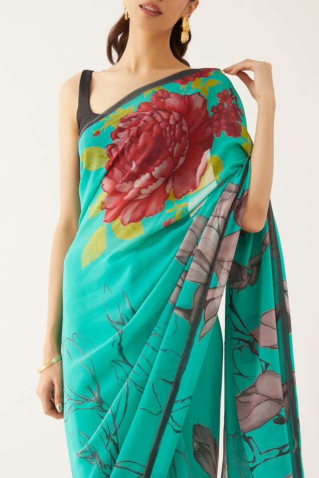 Blue Viscose Georgette Printed Saree thumbnail image number null
