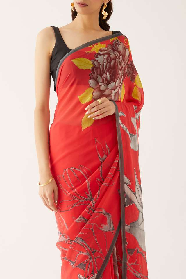 Red Viscose Georgette Printed Saree thumbnail image number null