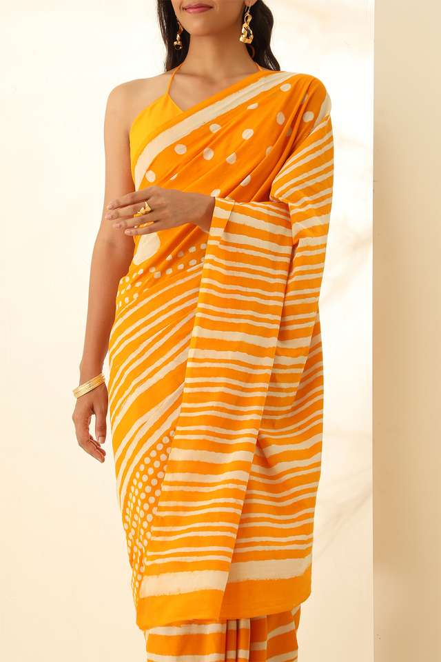 Yellow Pure Cotton Bagru Block Printed Saree image number