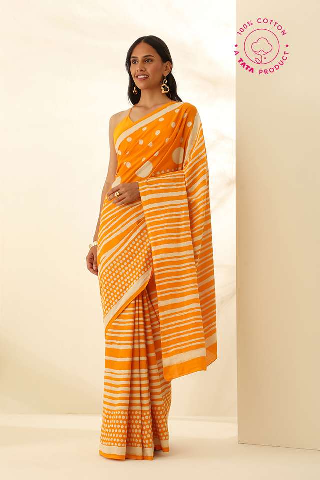 Yellow Pure Cotton Bagru Block Printed Saree thumbnail image number null