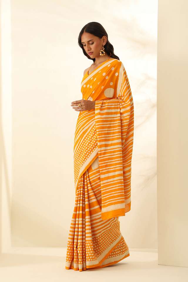 Yellow Pure Cotton Bagru Block Printed Saree thumbnail image number null