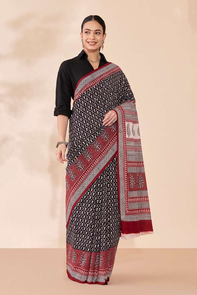 Black Bagh Block Printed Pure Cotton Saree thumbnail image number null