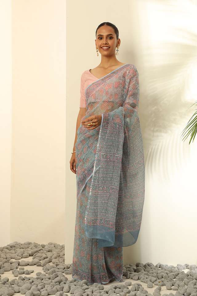 Light Blue Pure Kota Bagru Block Printed Saree image number