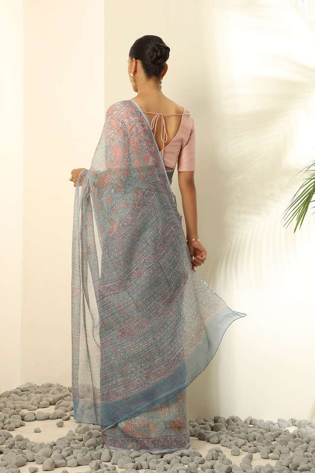 Light Blue Pure Kota Bagru Block Printed Saree thumbnail image number null