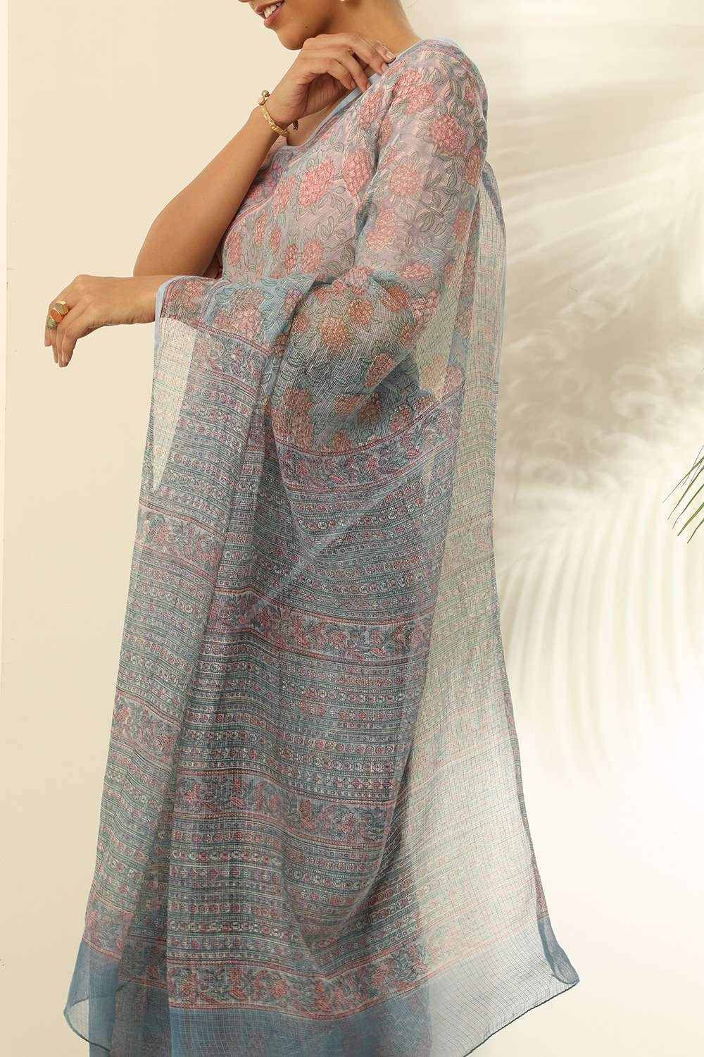 Light Blue Pure Kota Bagru Block Printed Saree image number null