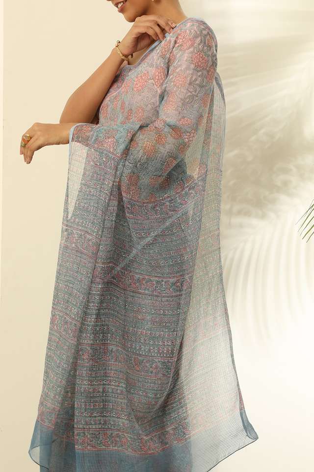 Light Blue Pure Kota Bagru Block Printed Saree thumbnail image number null