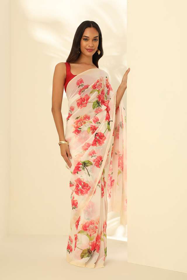 Off White Viscose Georgette Digital Print Saree image number