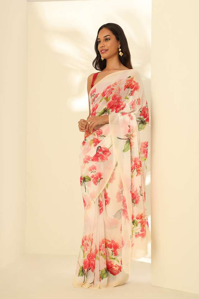 Off White Viscose Georgette Digital Print Saree thumbnail image number null