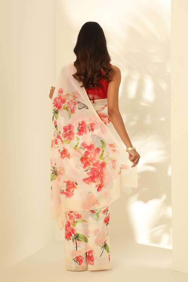 Off White Viscose Georgette Digital Print Saree thumbnail image number null