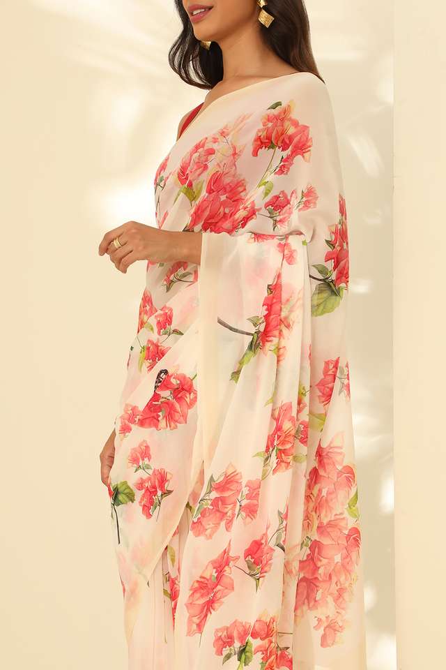 Off White Viscose Georgette Digital Print Saree thumbnail image number null
