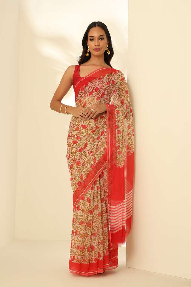 Off White Viscose Chiffon Printed Saree image number
