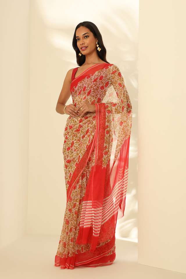 Off White Viscose Chiffon Printed Saree thumbnail image number null