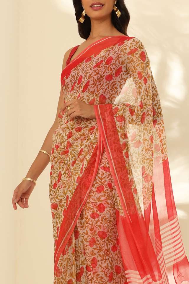 Off White Viscose Chiffon Printed Saree thumbnail image number null