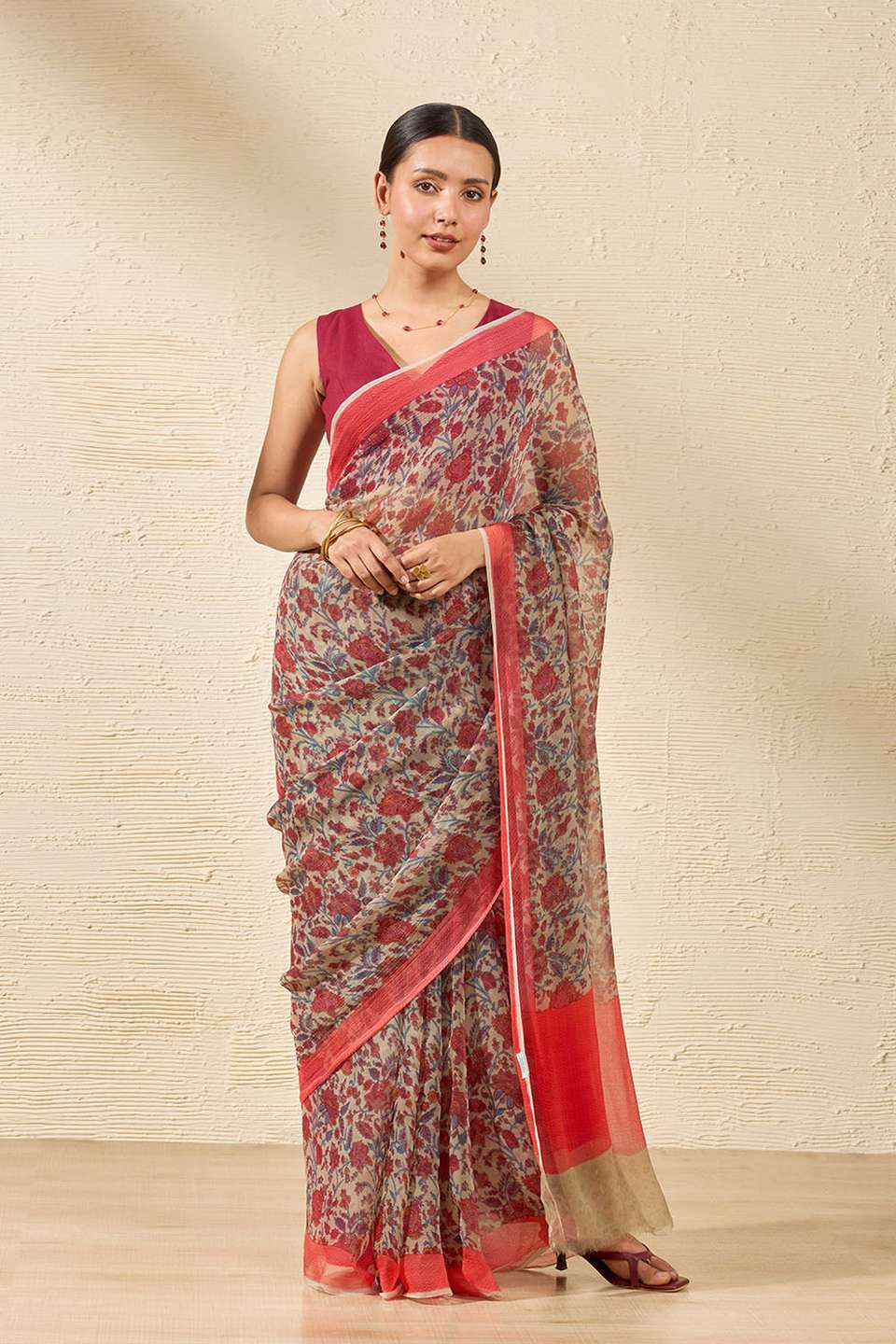 Grey Screen Printed Viscose Chiffon Saree