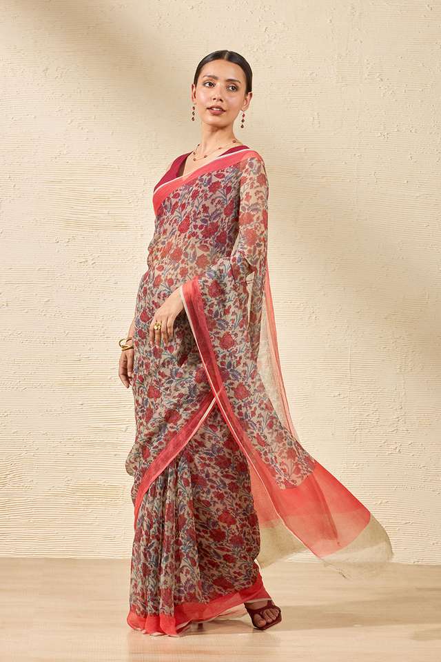 Grey Screen Printed Viscose Chiffon Saree thumbnail image number null