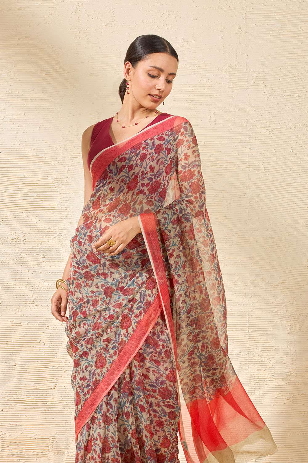 Grey Screen Printed Viscose Chiffon Saree image number null