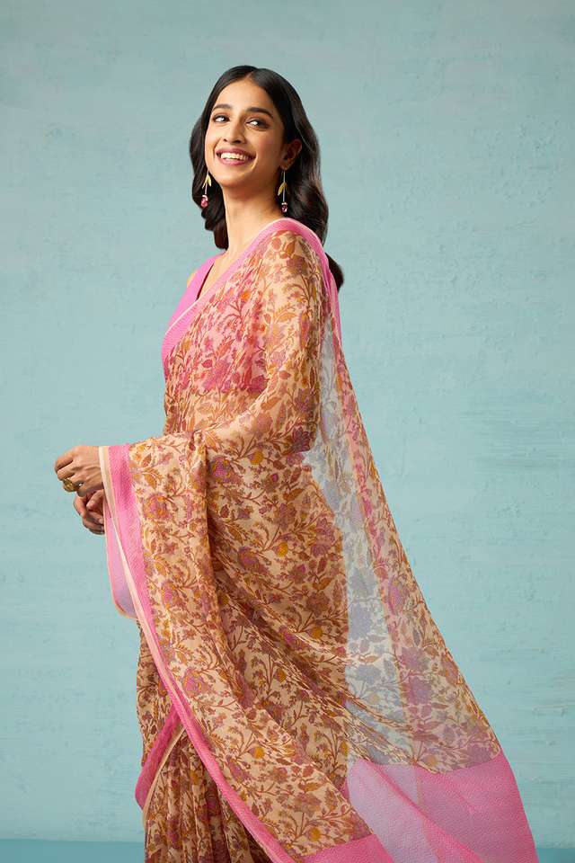 Yellow Screen Printed Viscose Chiffon Saree image number