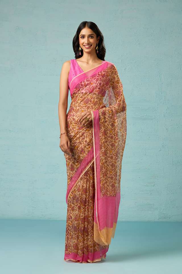 Yellow Screen Printed Viscose Chiffon Saree thumbnail image number null
