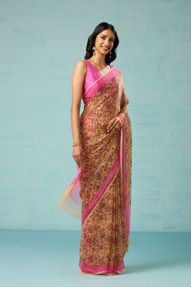 Yellow Screen Printed Viscose Chiffon Saree thumbnail image number null