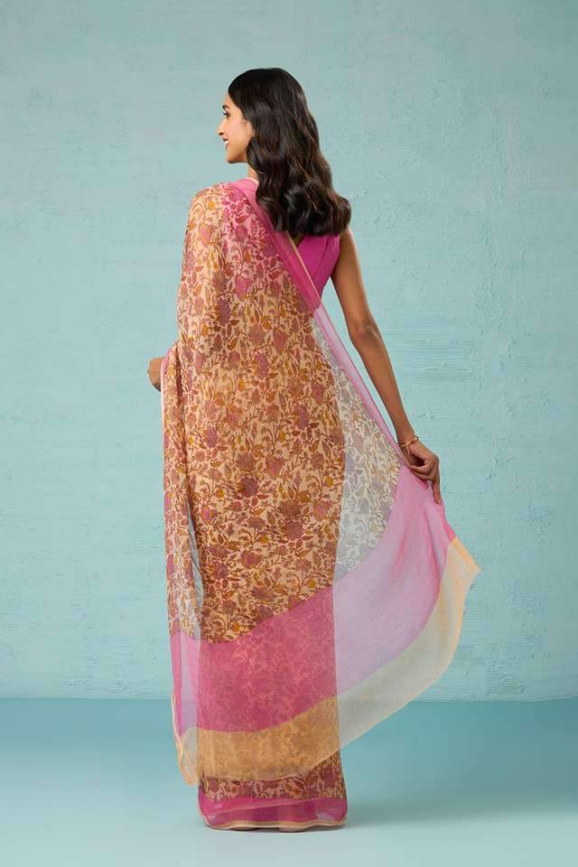 Yellow Screen Printed Viscose Chiffon Saree thumbnail image number null