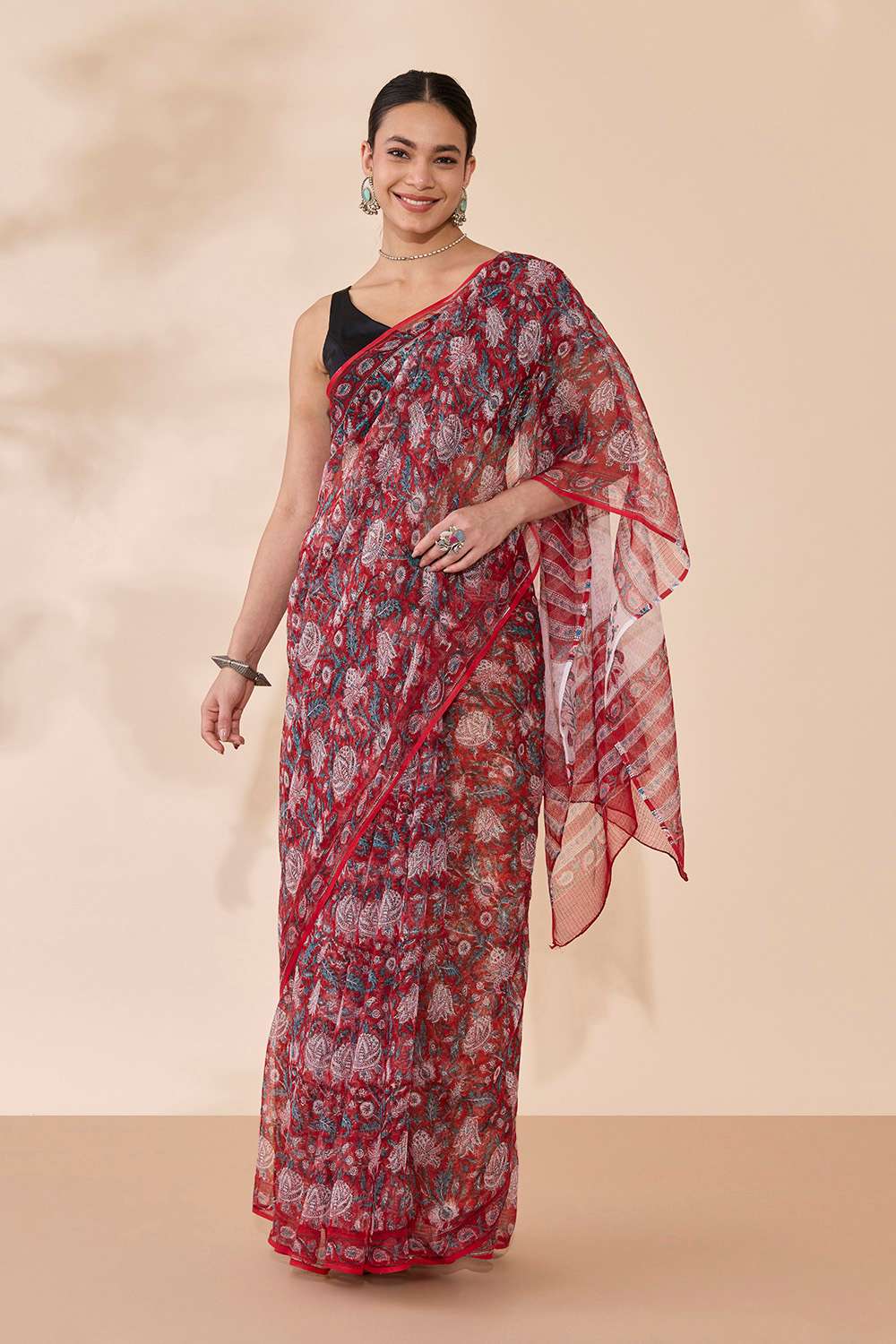 Red Bagru Block Printed Pure Cotton Kota Saree image number null