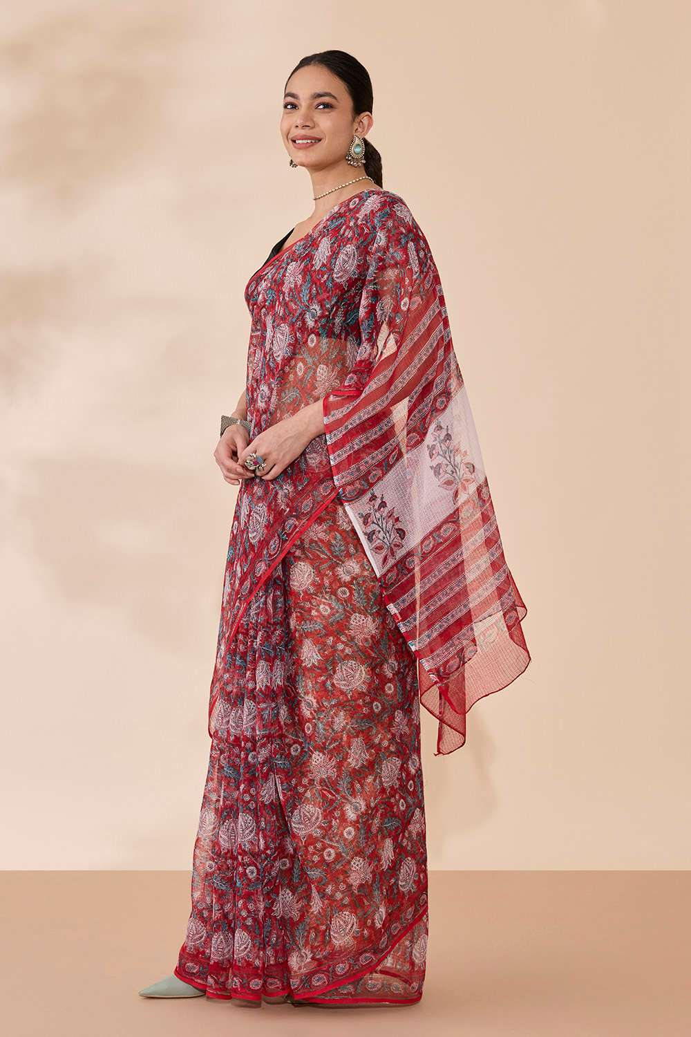 Red Bagru Block Printed Pure Cotton Kota Saree image number null