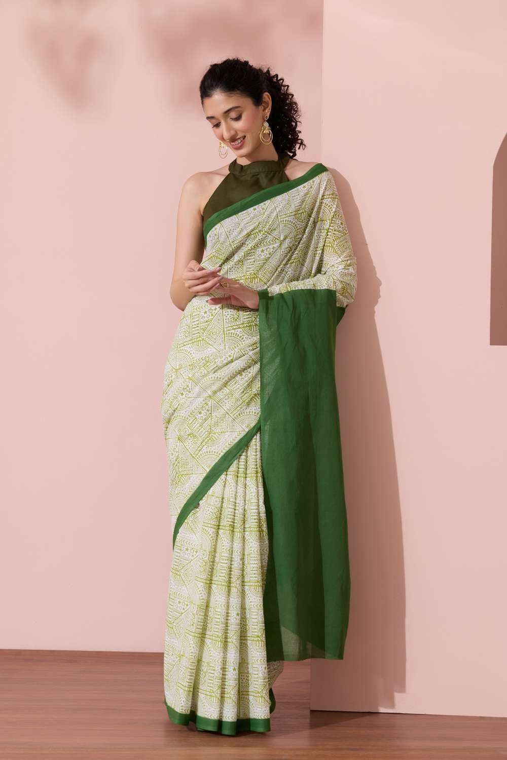 Off White Pure Cotton Mulmul Block Printed Bengal Saree image number null