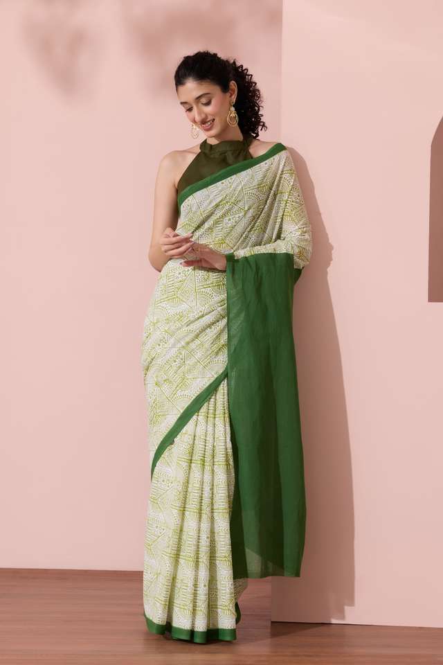 Off White Pure Cotton Mulmul Block Printed Bengal Saree thumbnail image number null
