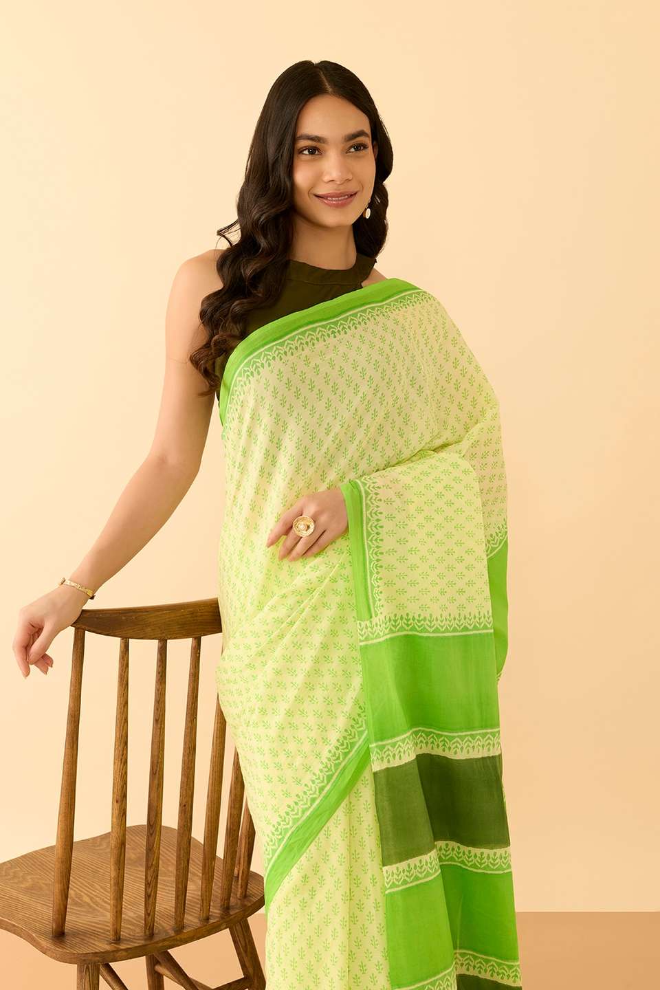 Light Green Bengal Pure Cotton Mulmul Block Printed Saree