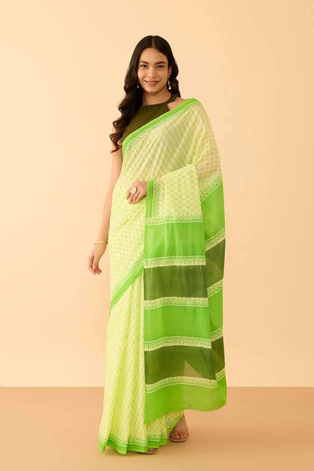 Light Green Bengal Pure Cotton Mulmul Block Printed Saree thumbnail image number null