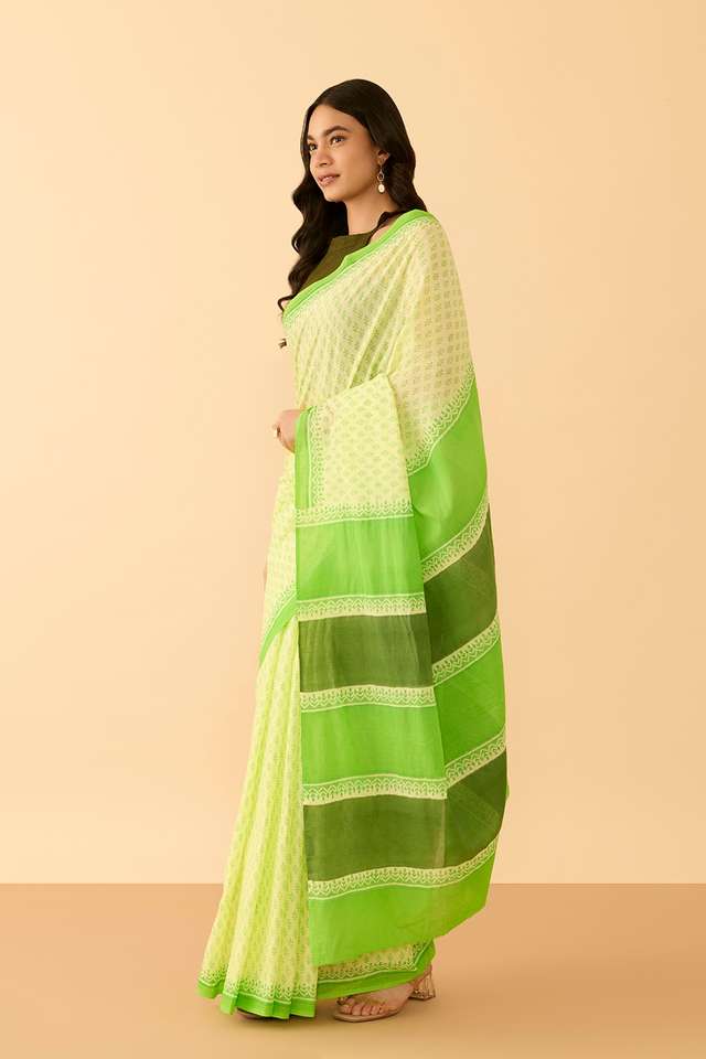Light Green Bengal Pure Cotton Mulmul Block Printed Saree thumbnail image number null