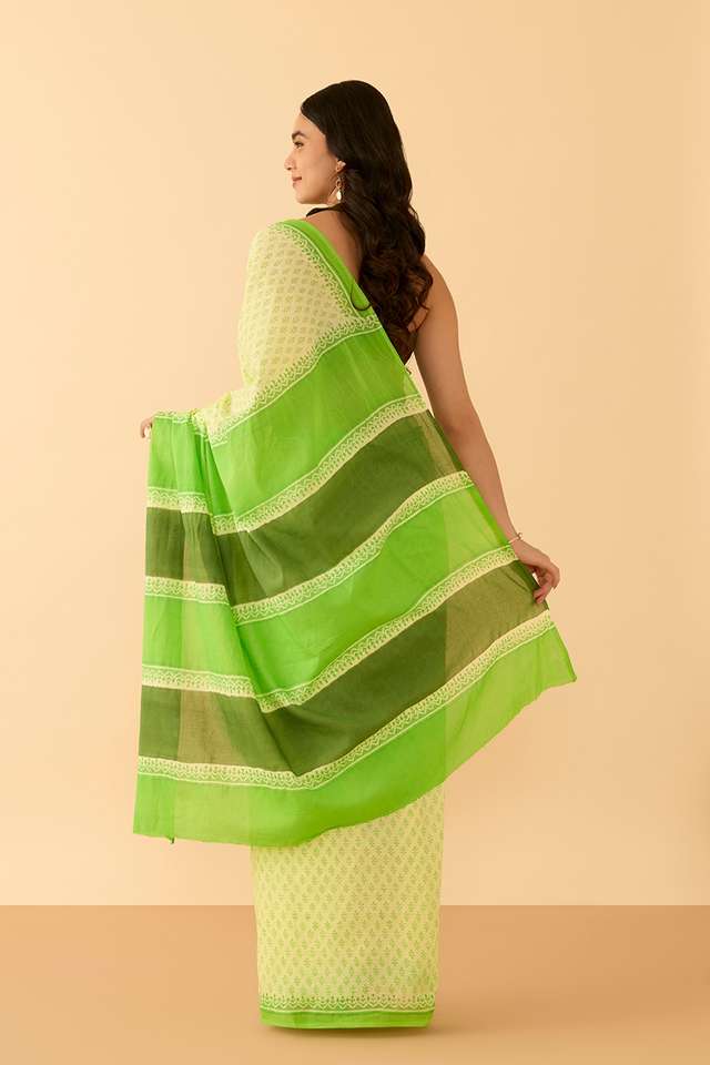 Light Green Bengal Pure Cotton Mulmul Block Printed Saree thumbnail image number null