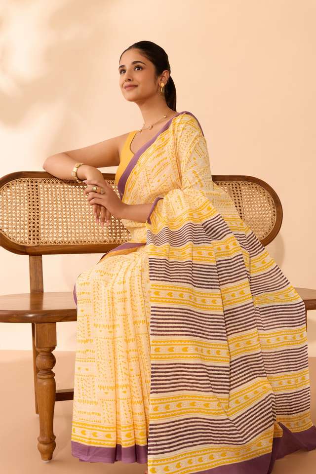Light Yellow Mulmul Block Printed Bengal Saree image number