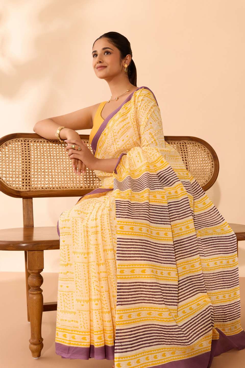 Light Yellow Mulmul Block Printed Bengal Saree