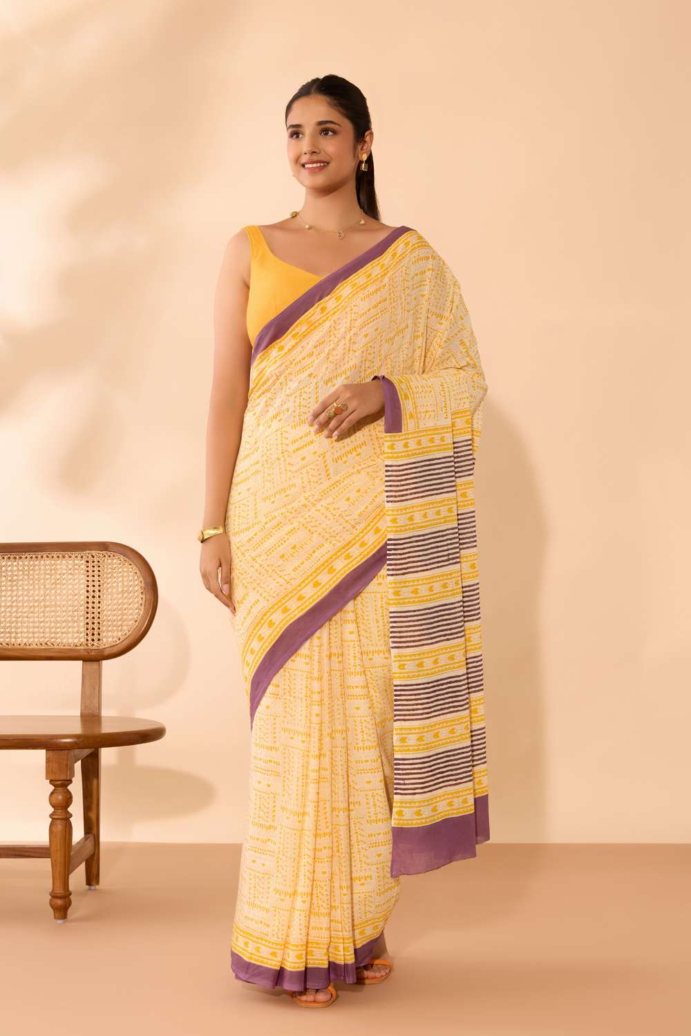 Light Yellow Mulmul Block Printed Bengal Saree image number null