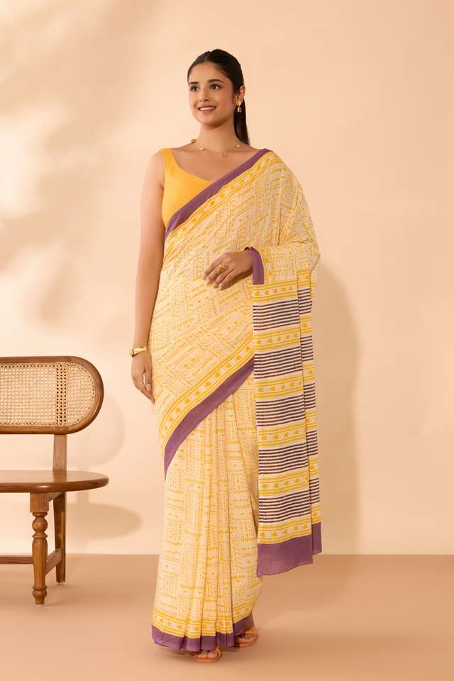 Light Yellow Mulmul Block Printed Bengal Saree thumbnail image number null