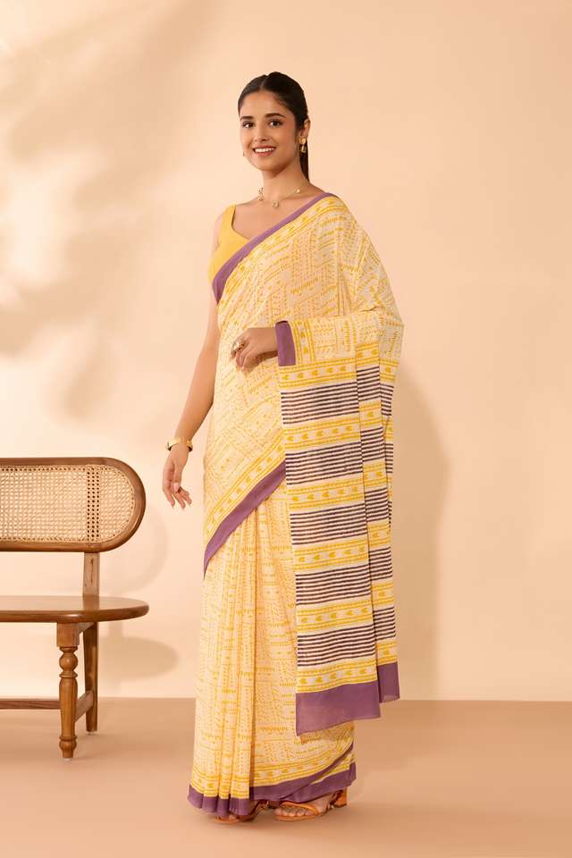 Light Yellow Mulmul Block Printed Bengal Saree thumbnail image number null